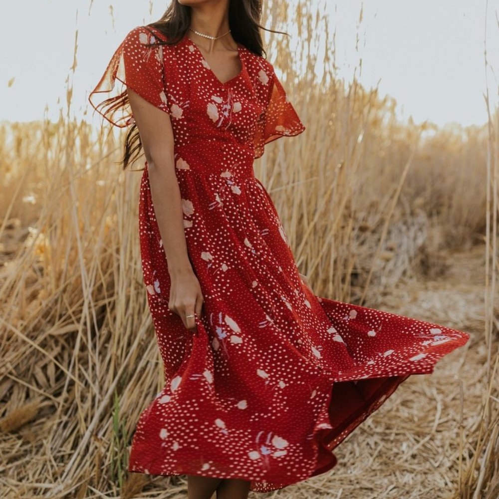 ROOLEE Red Floral Midi Dress (Size M)